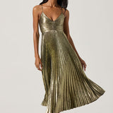 Blythe Metallic Plisse Midi Dress in Black Gold