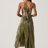 Blythe Metallic Plisse Midi Dress in Black Gold