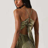 Blythe Metallic Plisse Midi Dress in Black Gold