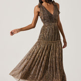 Desma Metallic V-Neck Midi Dress in Bronze