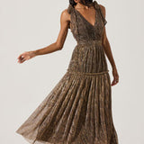 Desma Metallic V-Neck Midi Dress in Bronze