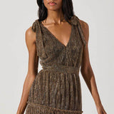 Desma Metallic V-Neck Midi Dress in Bronze