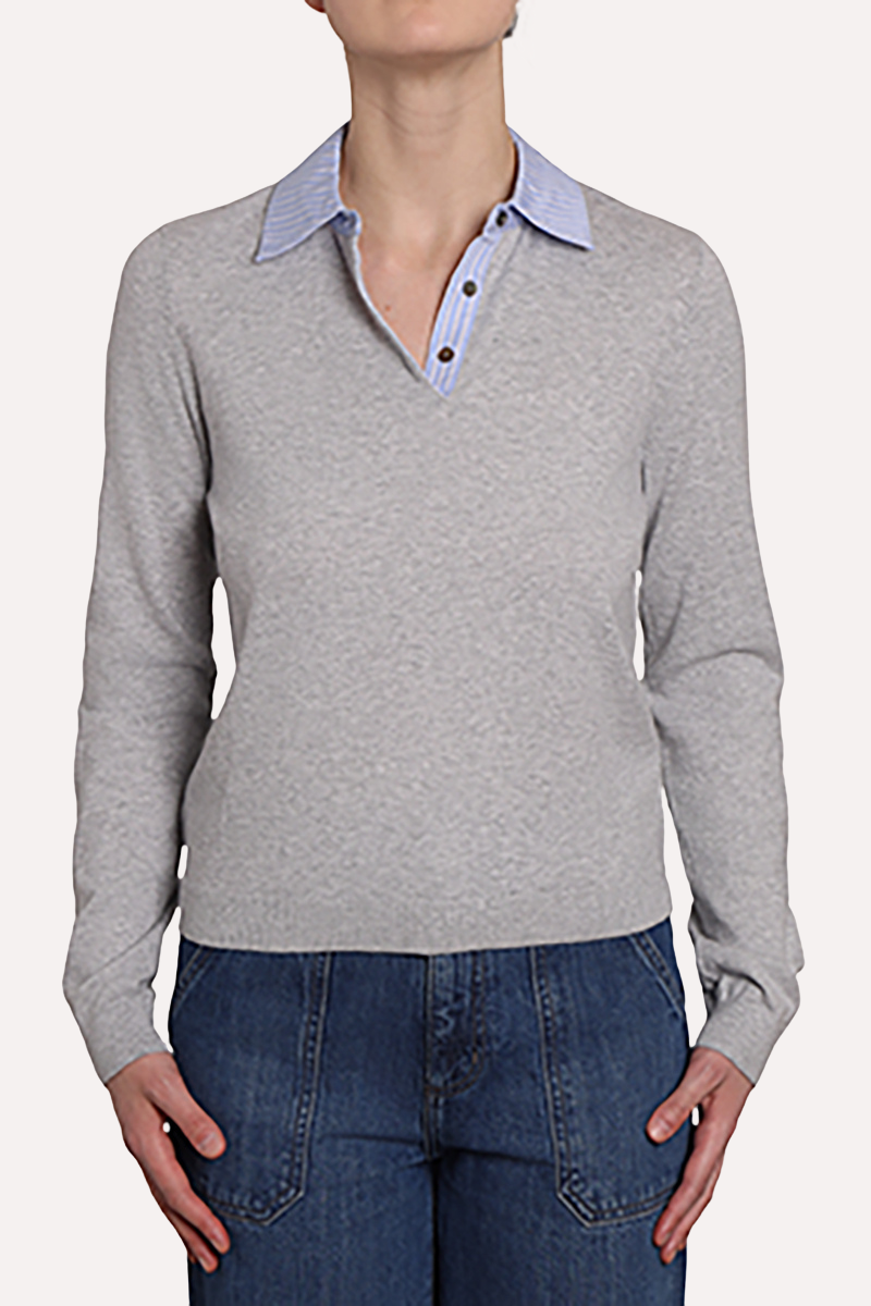 9958 WOVEN PINSTRIPE COLLAR COMBO SWEATER