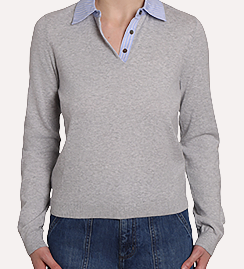 9958 WOVEN PINSTRIPE COLLAR COMBO SWEATER