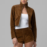 Double Espresso High Collar Suede Jacket