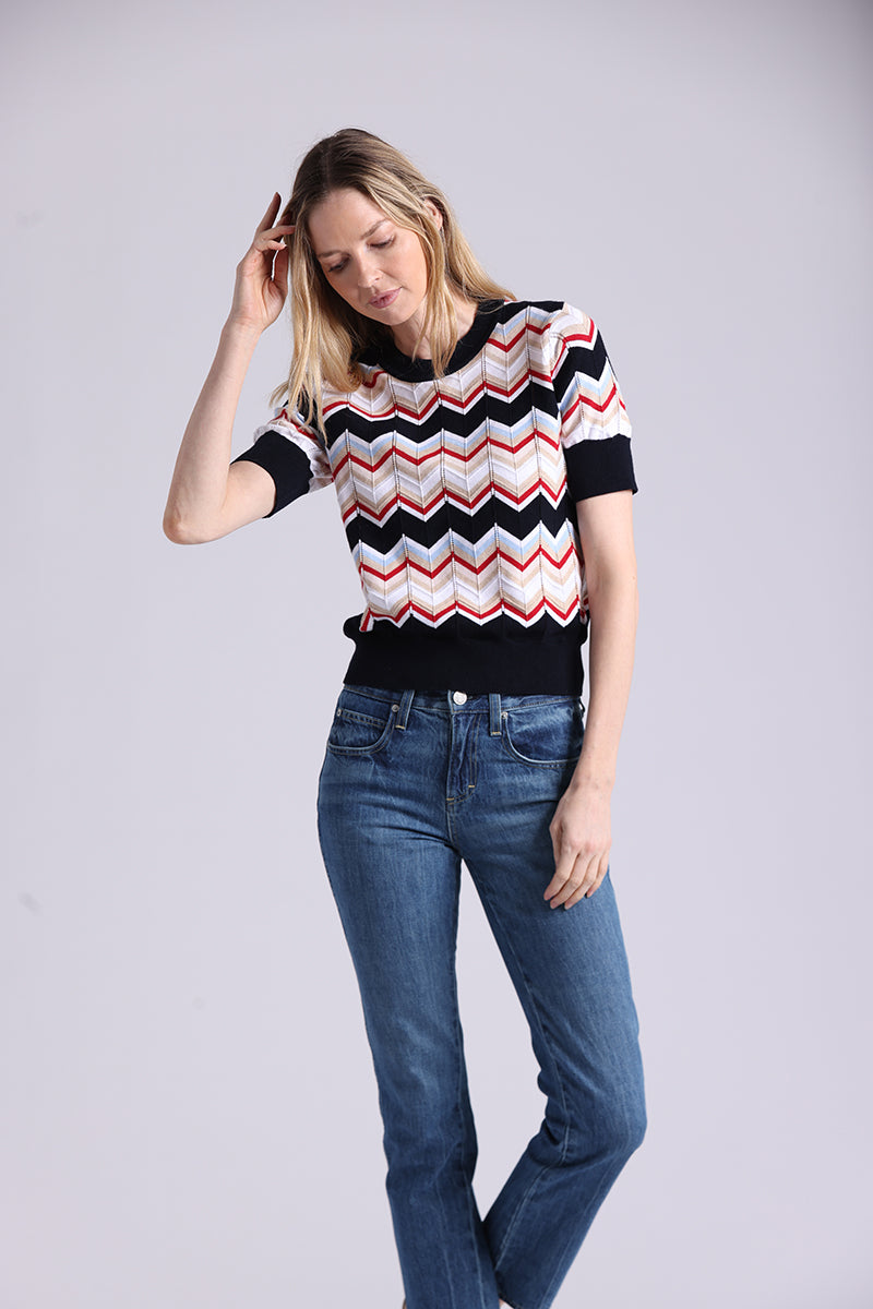97113 Cotton Cashmere Chevron Short Sleeve Crew