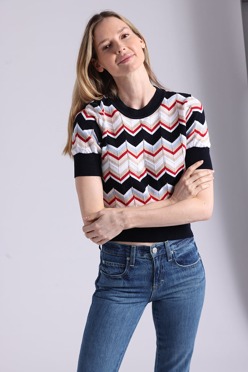 97113 Cotton Cashmere Chevron Short Sleeve Crew
