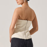 Moina Asymmetrical Strapless Tweed Top in Ivory