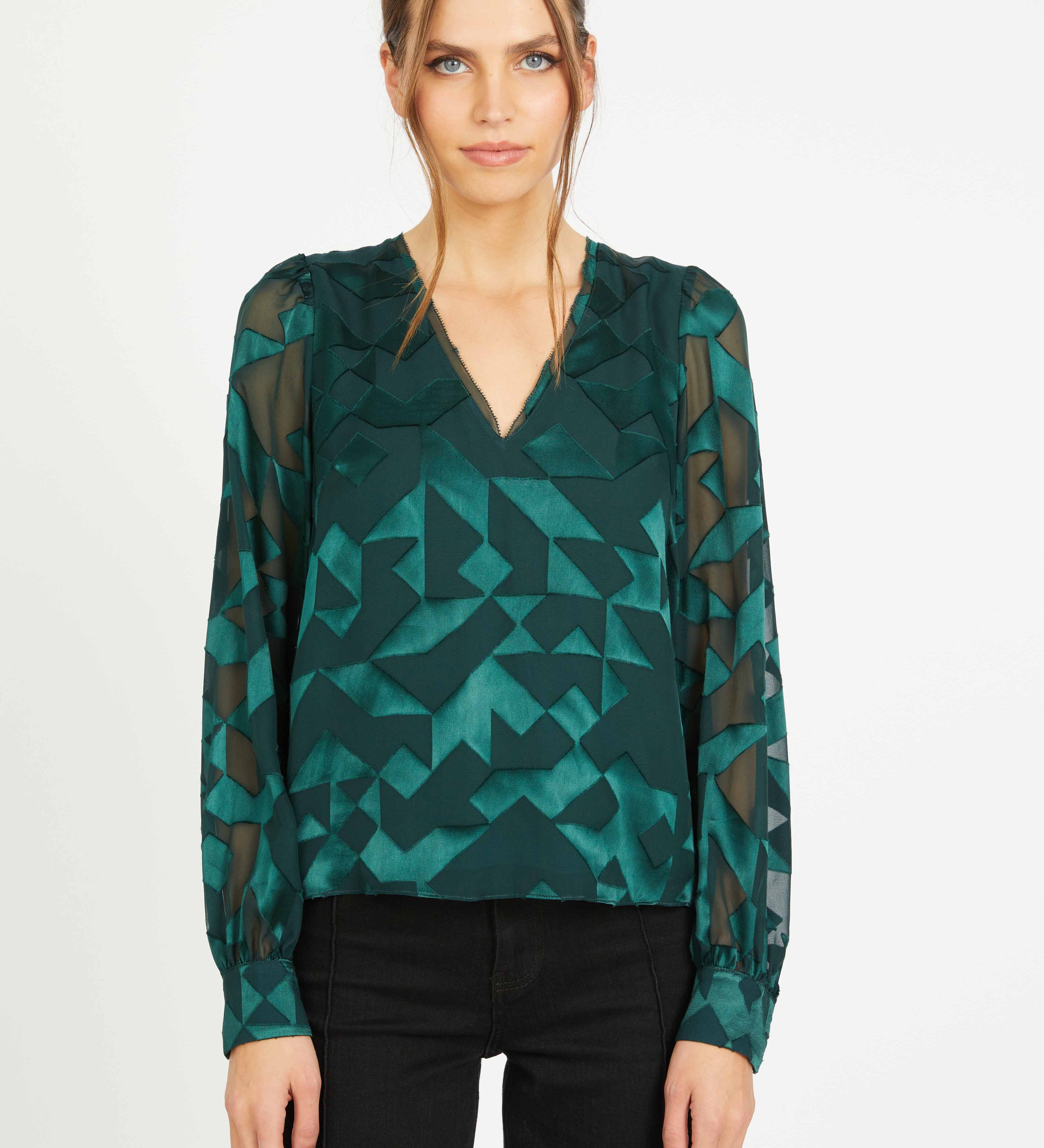 Ruby Top in Sea Moss Silk Geo Burnout