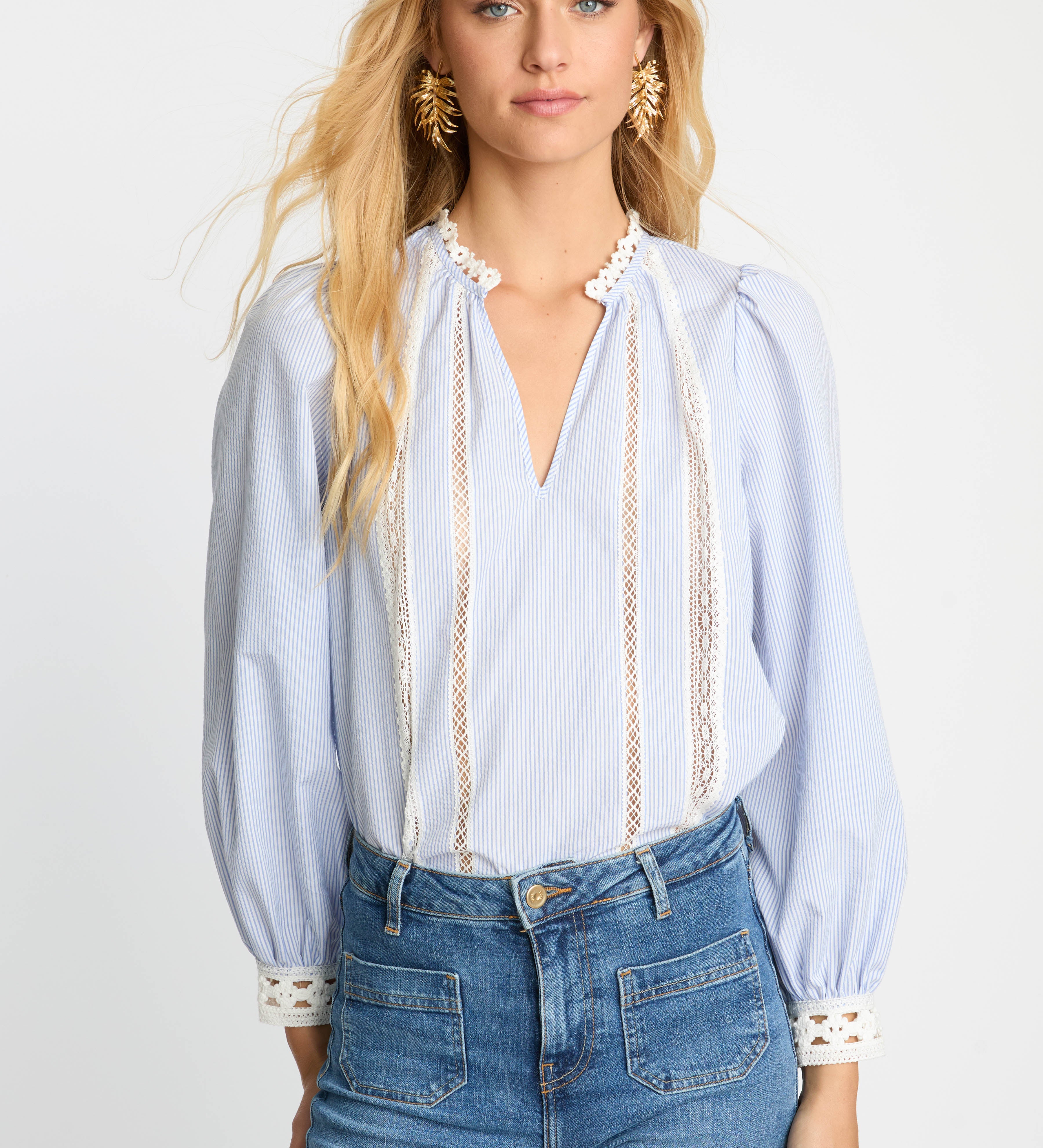 Lena Top in Blue/White Seersucker