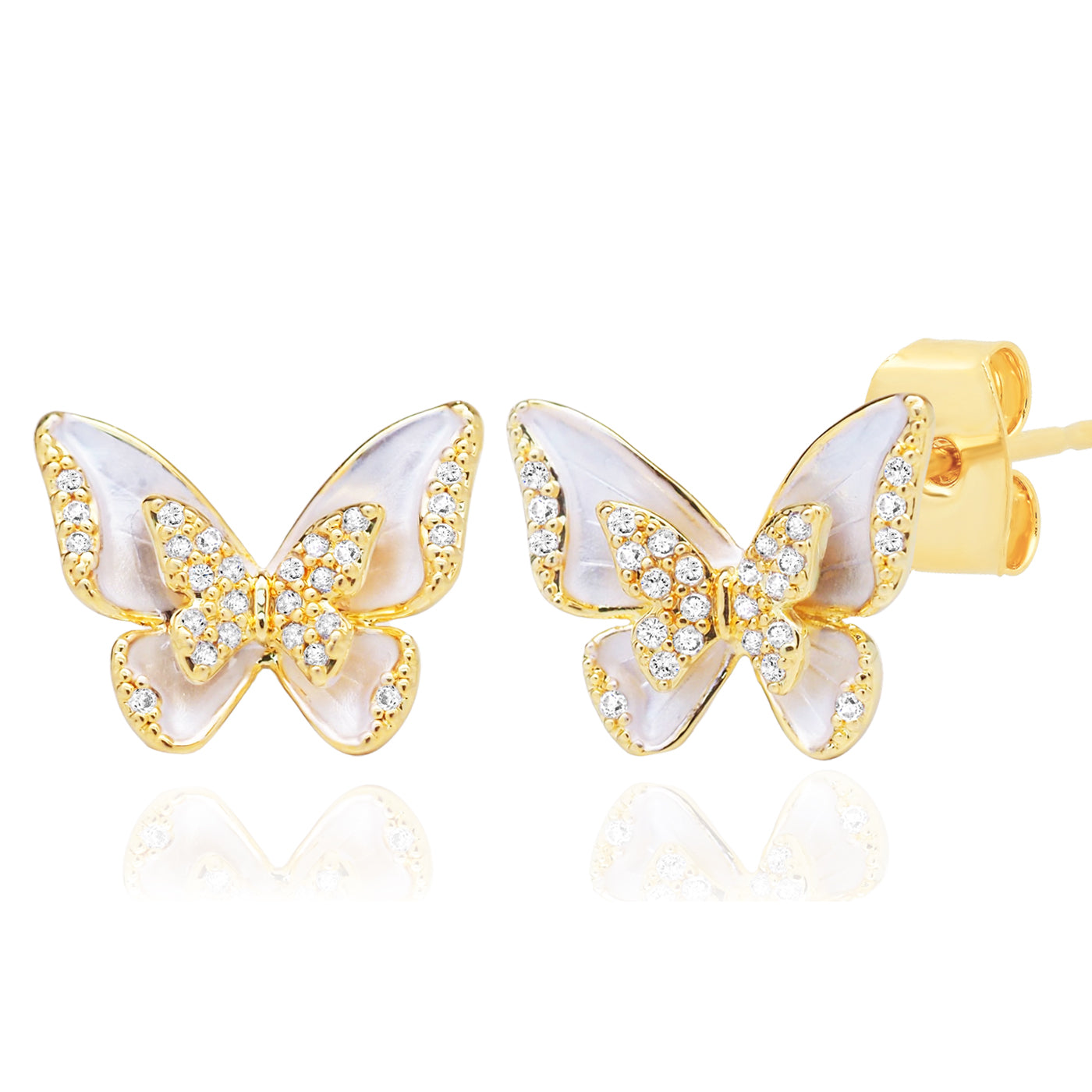 Large Butterfly Post Earrings with Enamel and CZ Detailing
