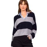 STRIPE SWEATER W/ DENIM COLLAR