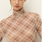 Bourbon Turtleneck Mesh Top in Brown Plaid