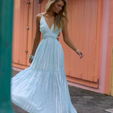 Open Back Maxi Dress in Crystal Blue Stripe