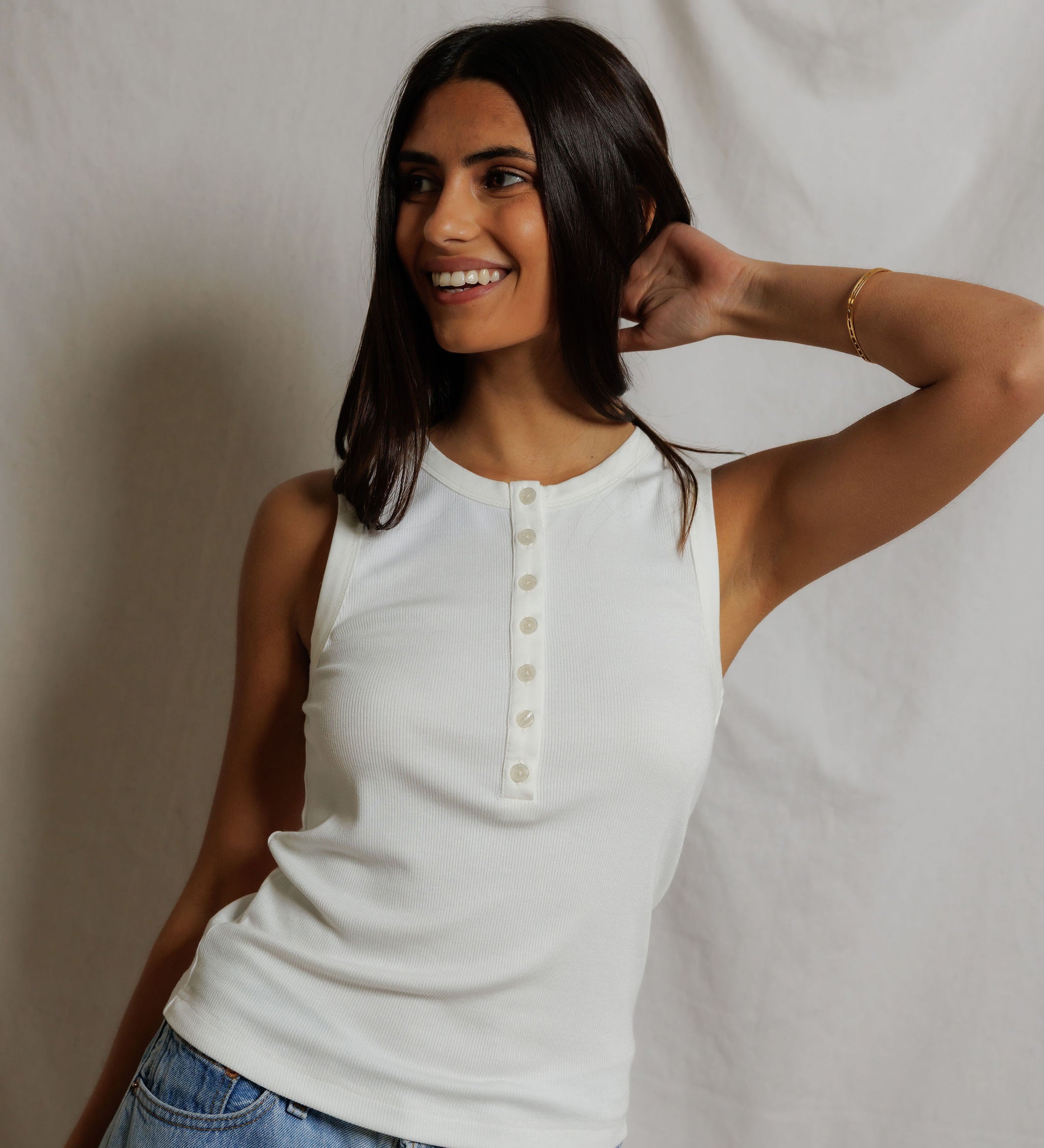 T363-Loretta - quarter button down luze rib tank top