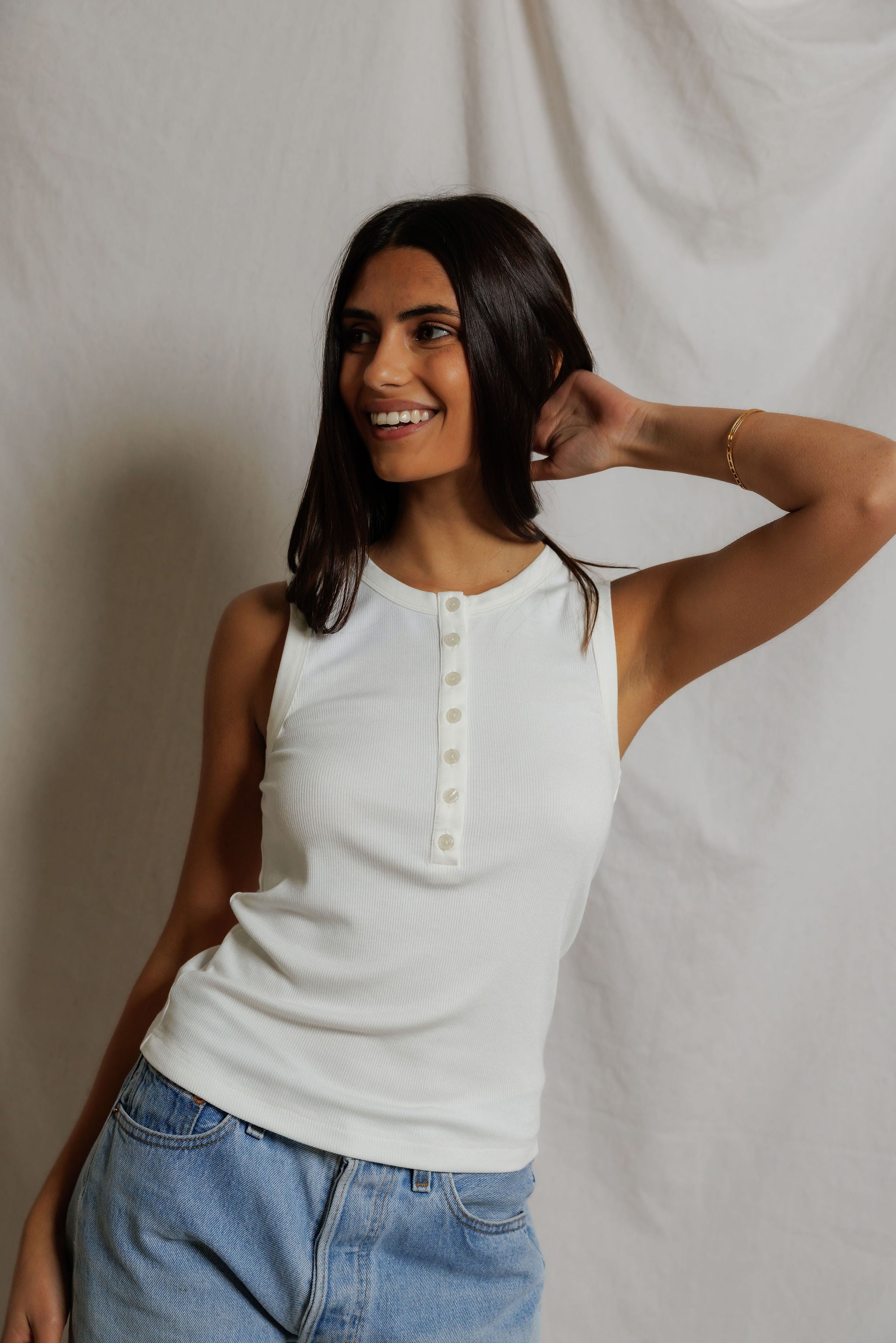 T363-Loretta - quarter button down luze rib tank top