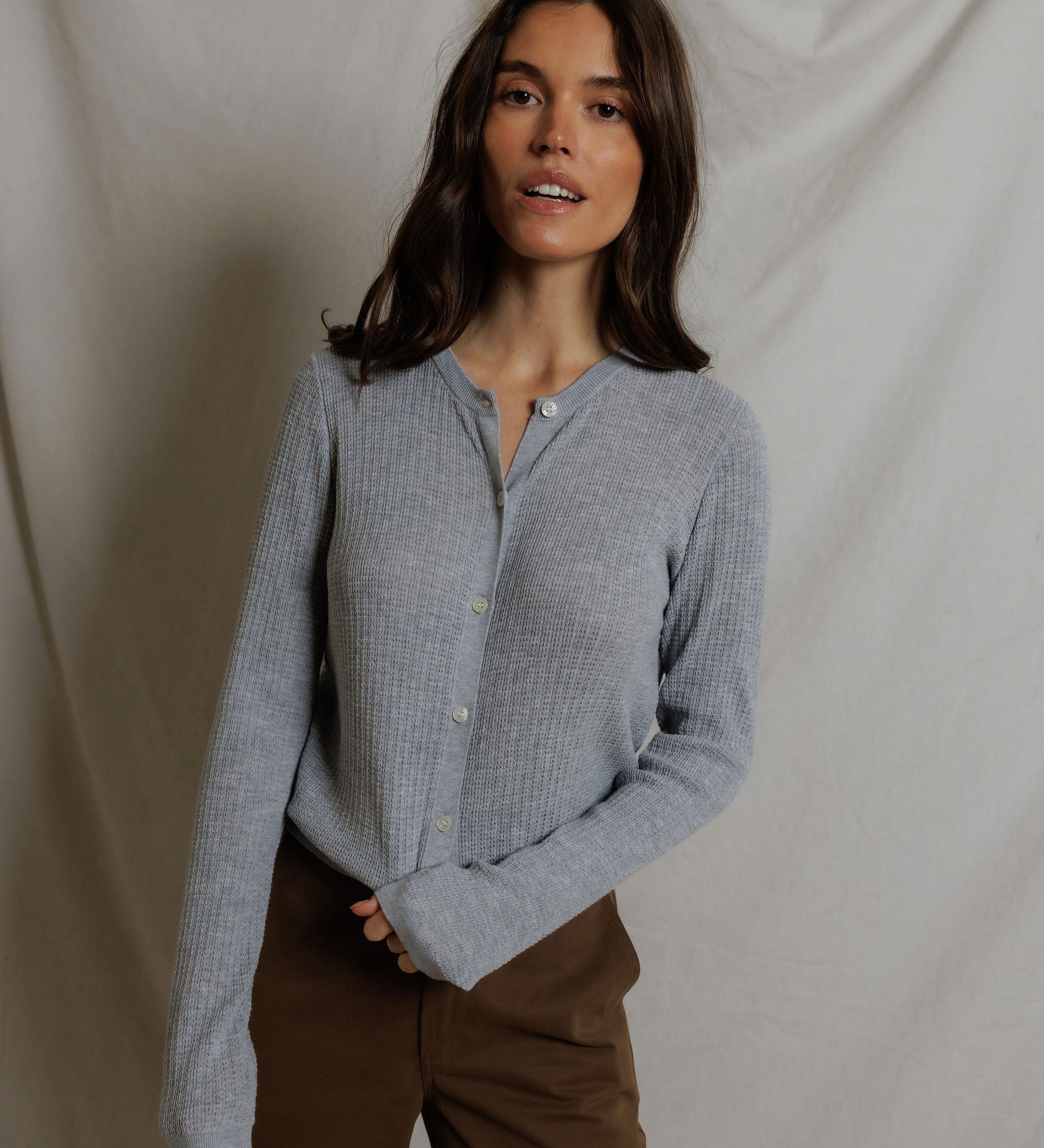 S134-Ada - pointelle button down long sleeve sweater