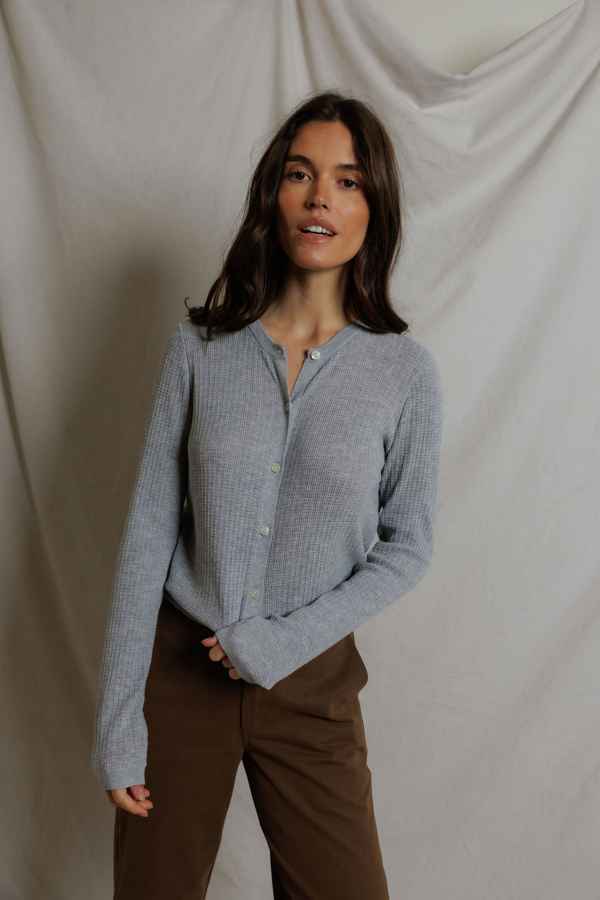 S134-Ada - pointelle button down long sleeve sweater