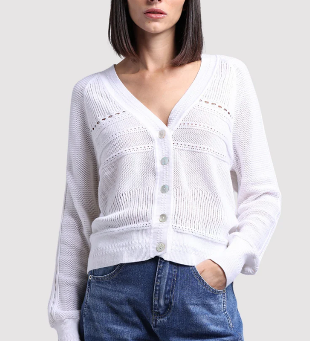 9324 Cotton Cashmere Pointelle Mix V Neck Cardi