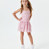 Lola Theme Ditsy Ballet Pink Satin Smocked Ruffle Dress