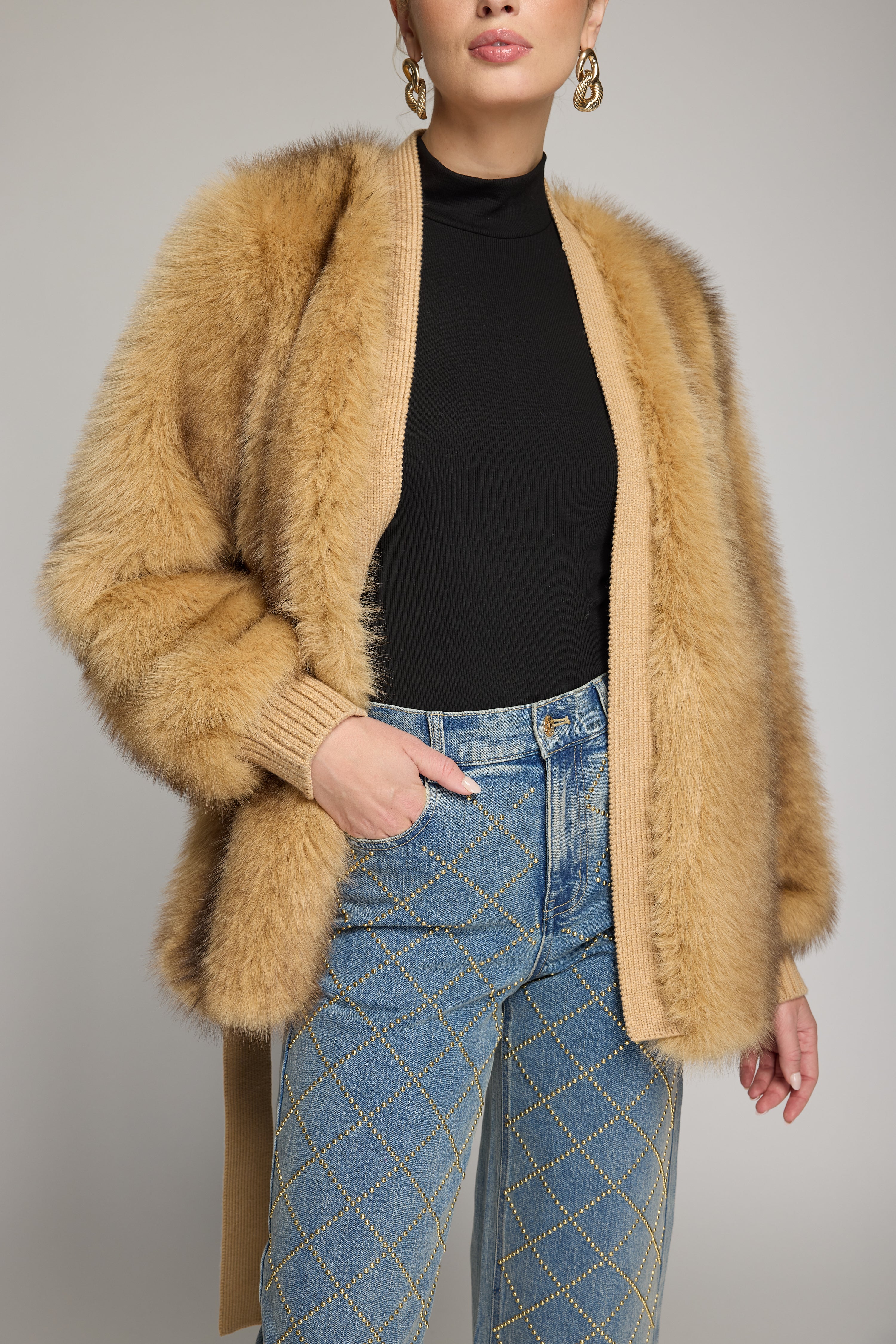 HELOISE FAUX FUR BELTED WRAP JACKET