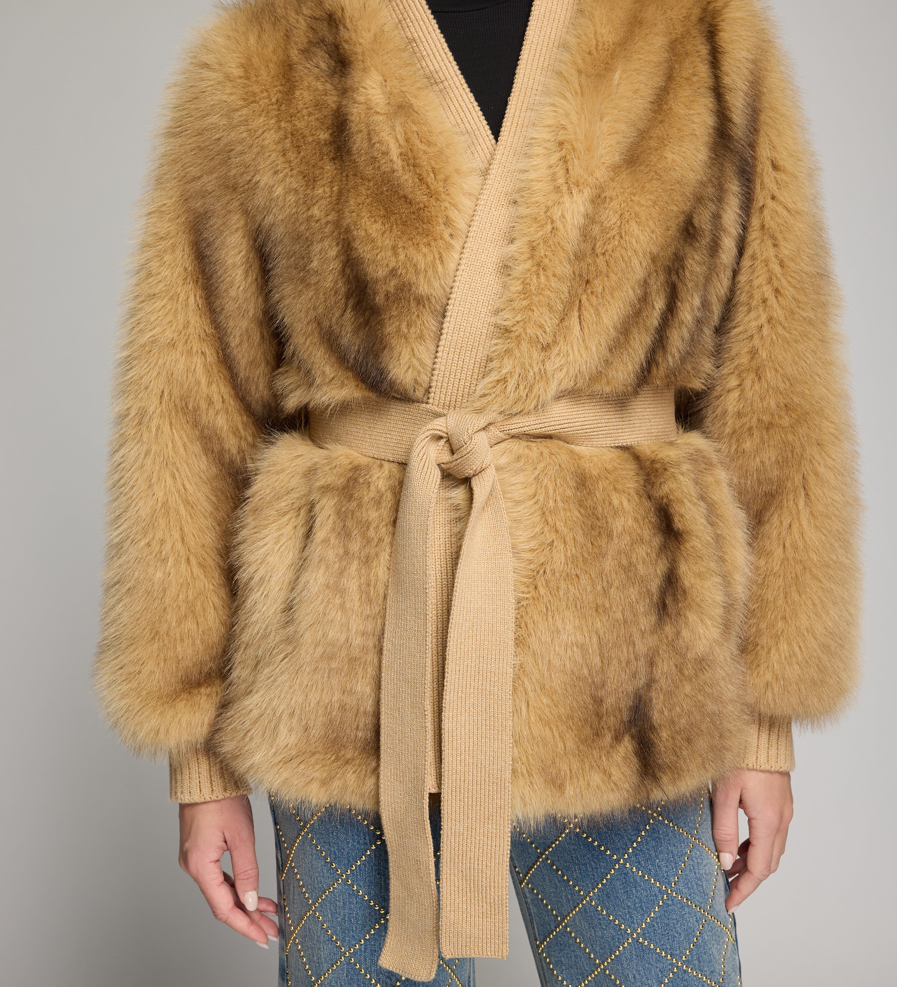 HELOISE FAUX FUR BELTED WRAP JACKET