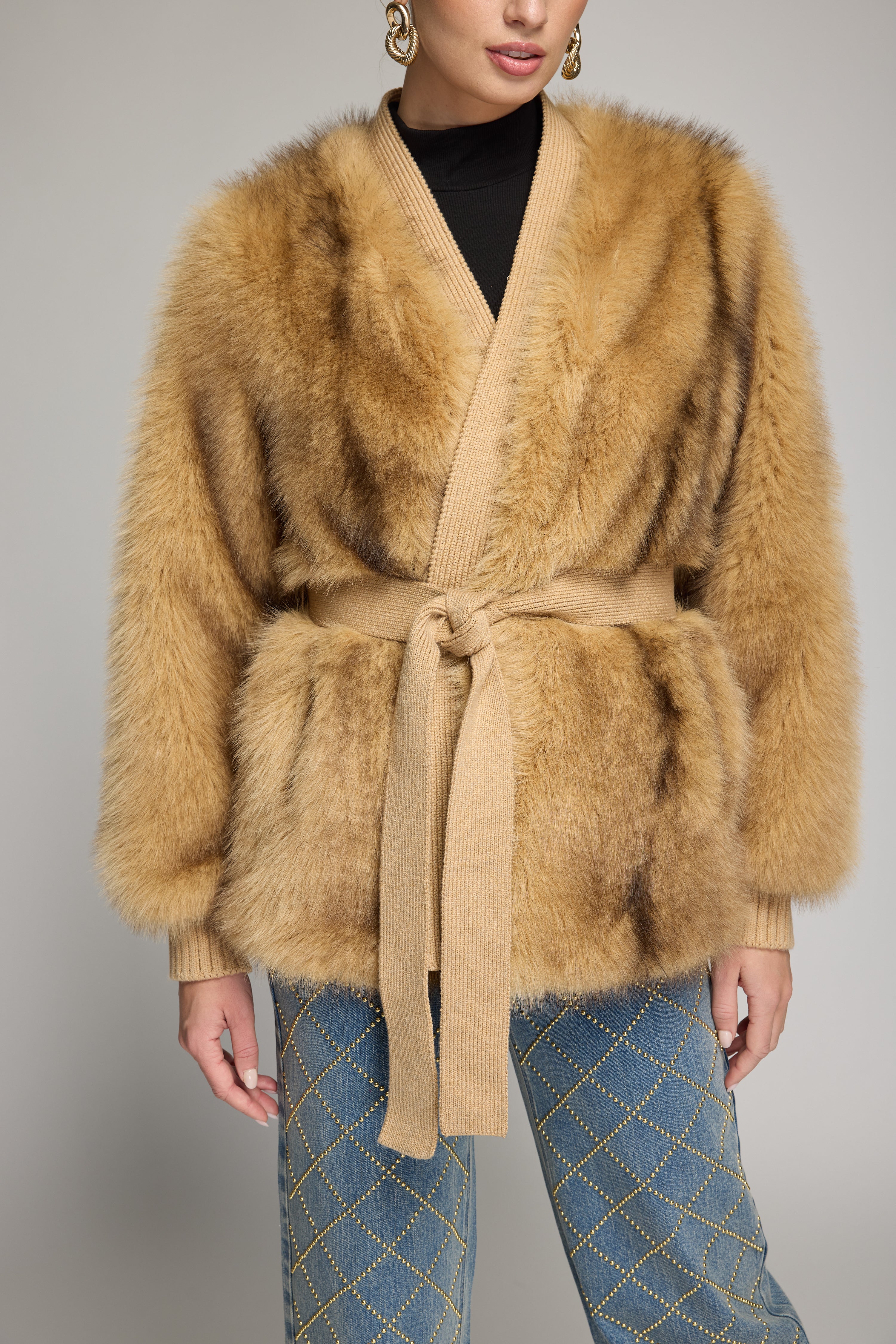 HELOISE FAUX FUR BELTED WRAP JACKET