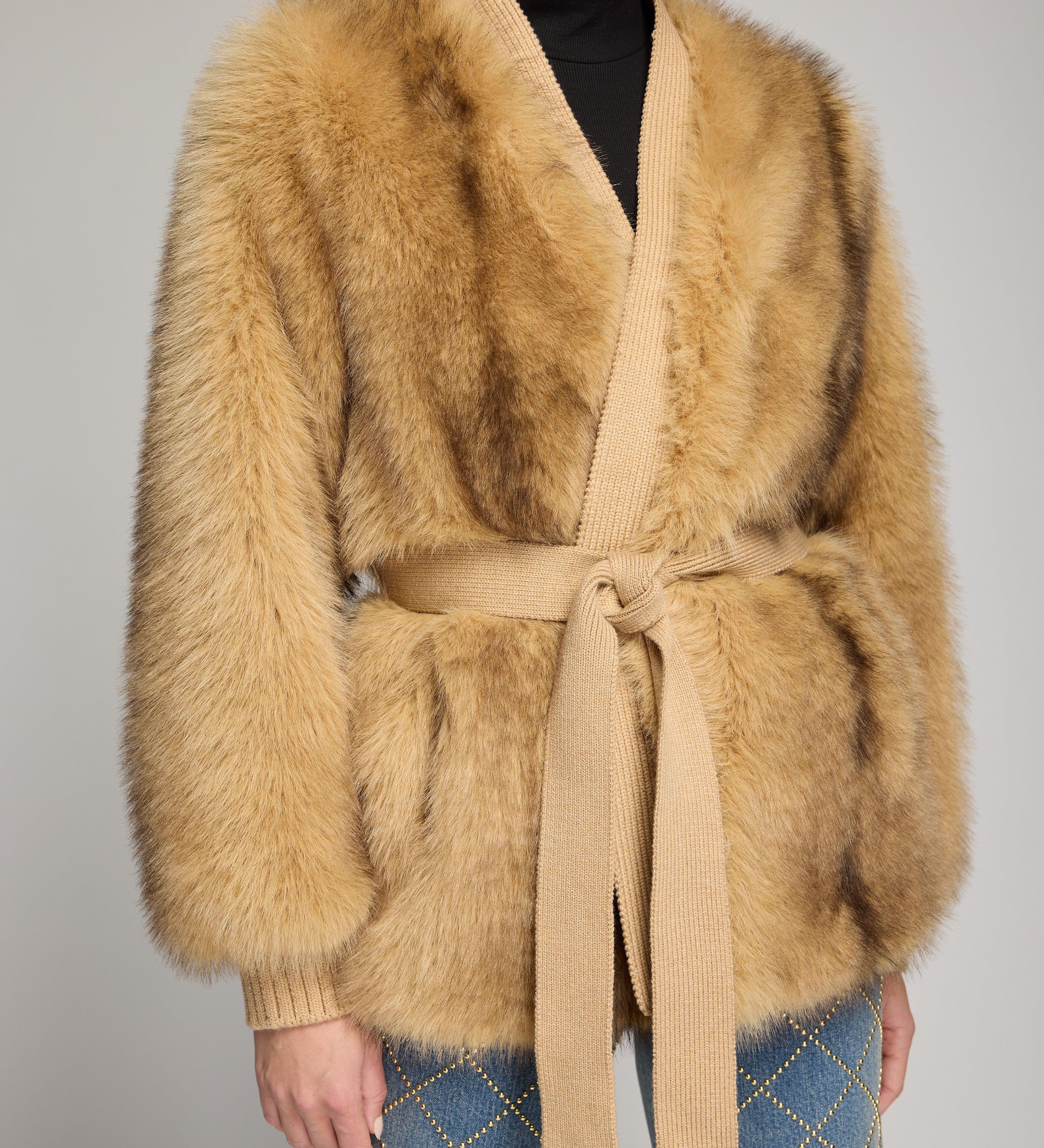 HELOISE FAUX FUR BELTED WRAP JACKET