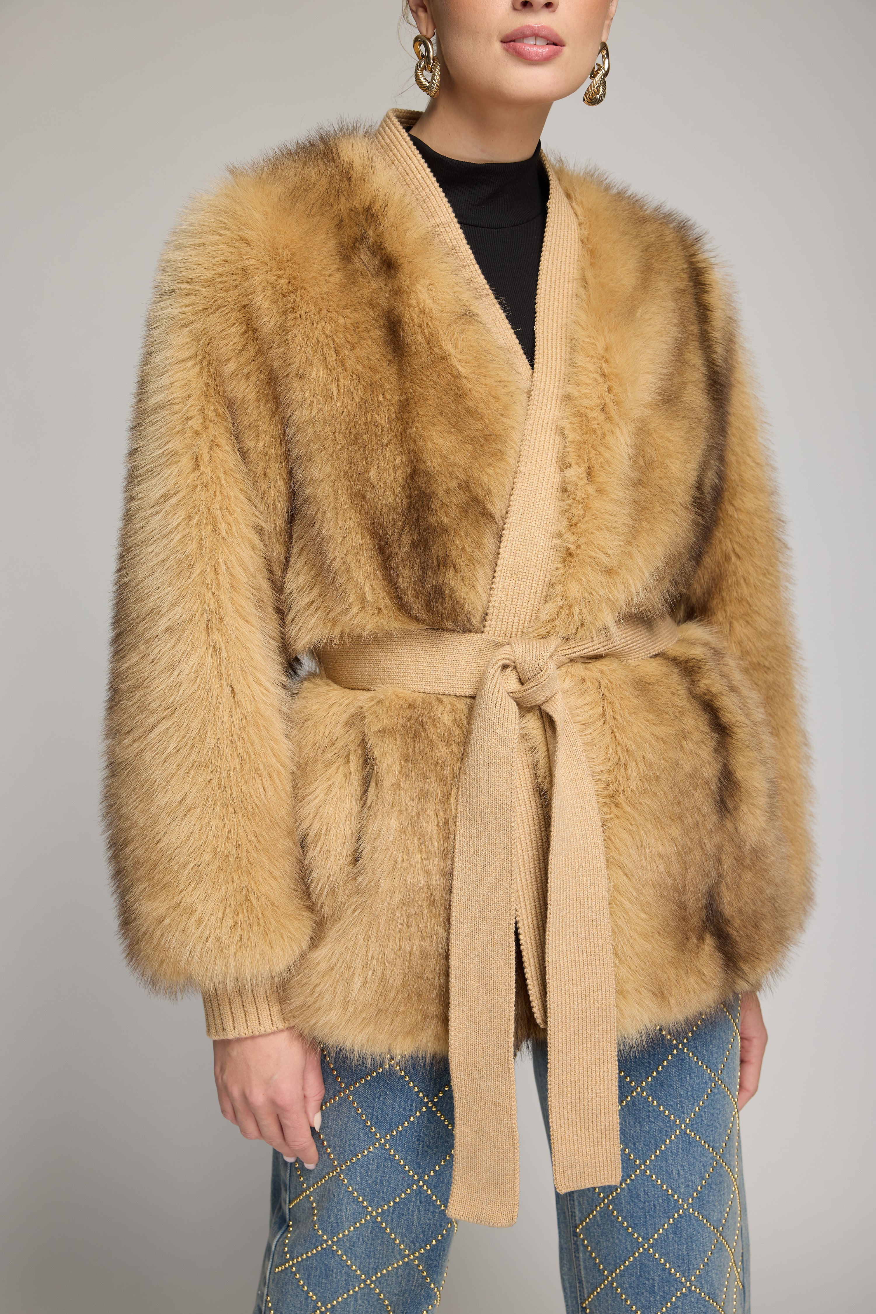 HELOISE FAUX FUR BELTED WRAP JACKET